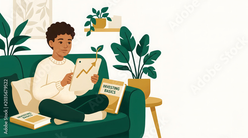 Young person learning about investing at home
