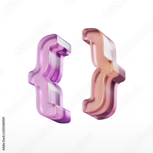 Curly braces lilac and peach 3d render with glossy finish on white background