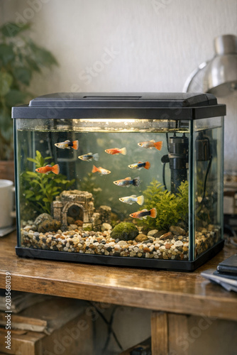 Small home aquarium with colorful guppy fish, live plants, and decorative castle on wooden table in modern living room interior.