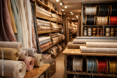 Cozy fabric and haberdashery shop interior with rolled textiles, folded cloth on wooden shelves, and spools of ribbon and cord.
