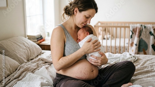 New mother sitting on bed holding newborn baby, showing postpartum stomach with stretch marks and cesarean scar.