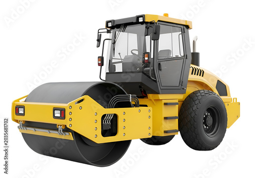 Yellow Asphalt Road Roller Compactor Heavy Construction Machinery Vehicle on white background , Isolated on Transparent Background, PNG, Generative AI