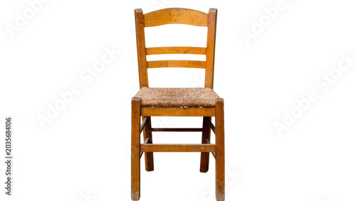 Fotografie Isolated rustic wooden chair with hand-woven straw seat, aged country style furn