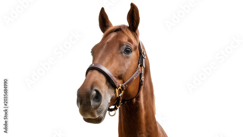 Isolated majestic brown horse head portrait, elegant equine wearing a classic leather bridle