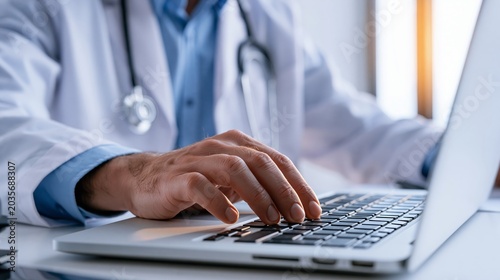 Doctor Enters Patient Data Into Laptop in Bright Modern Clinic Setting for Healthcare Administration Work