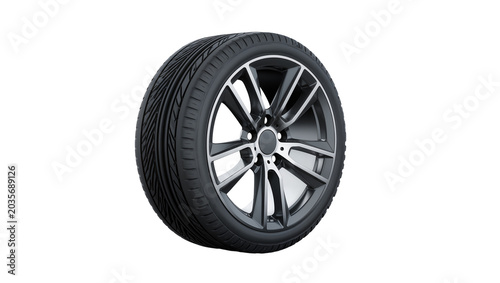Konstfotografi Isolated modern alloy car wheel with tire, new radial rubber, and dark gray multi-spoke rim