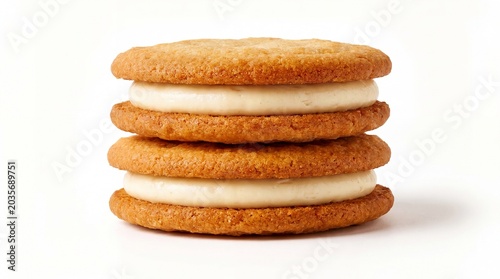 Stack of three cream filled cookies on white background