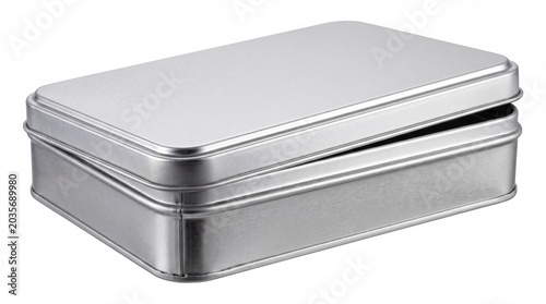 Closed silver metal tin container isolated on white background
