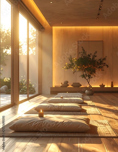 Serene meditation room with cushions and plants.
