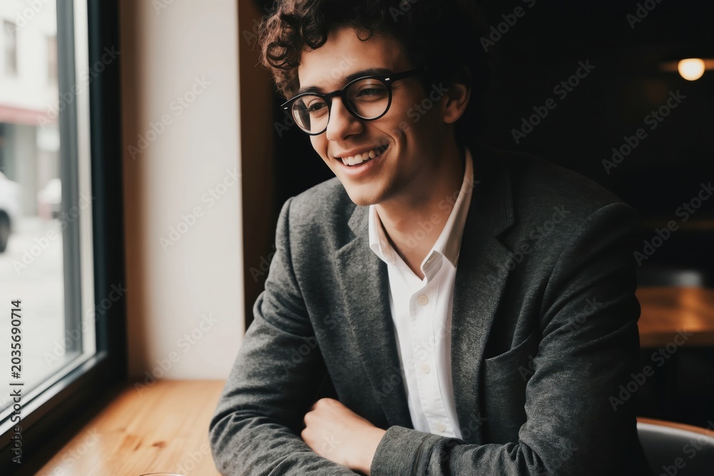 Fototapeta premium Young man with curly hair wears glasses and a suit jacket. He smiles genuinely while sitting indoors near a window with a blurred background. His expression is cheerful and friendly.