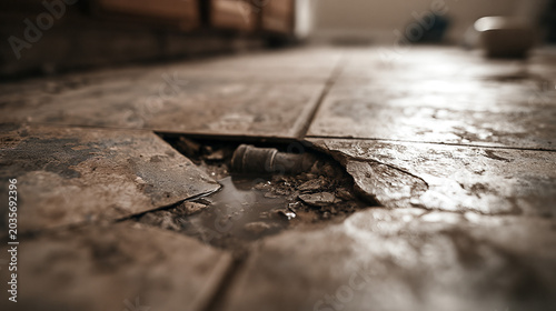 Compromised Floor: Broken Tile Exposes Plumbing Issue, Close-Up, Low Perspective