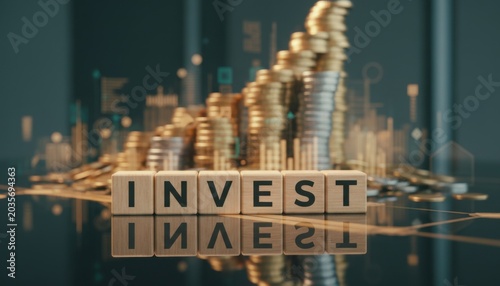 Wooden blocks spelling invest in front of stacked gold and silver coins with digital chart overlays