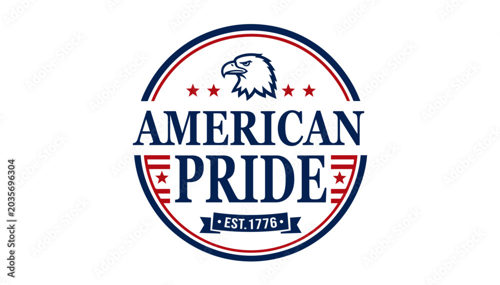 Obraz premium American Pride EST 1776 Circle Badge Logo with Bald Eagle Navy Blue Red Stars and Stripes – Patriotic Vector Emblem Perfect for T-Shirt Print, Sticker, Poster, Greeting Card