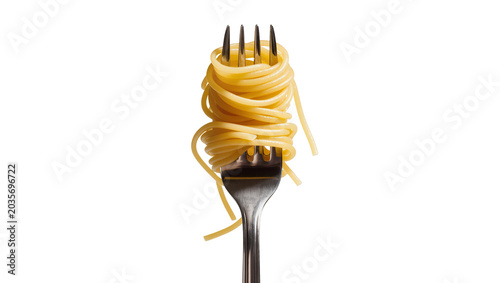 Schilderij op canvas Isolated delicious cooked spaghetti pasta twirled around a shining silver fork ready to eat meal