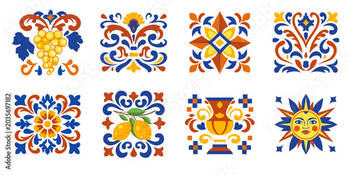 A set of 8 tiles. Mediterranean tiles, colorful summer patterns. Traditional Spanish, Sicilian, Portuguese, and Italian decorations. A set of vector mosaic patterns with ethnic motifs.