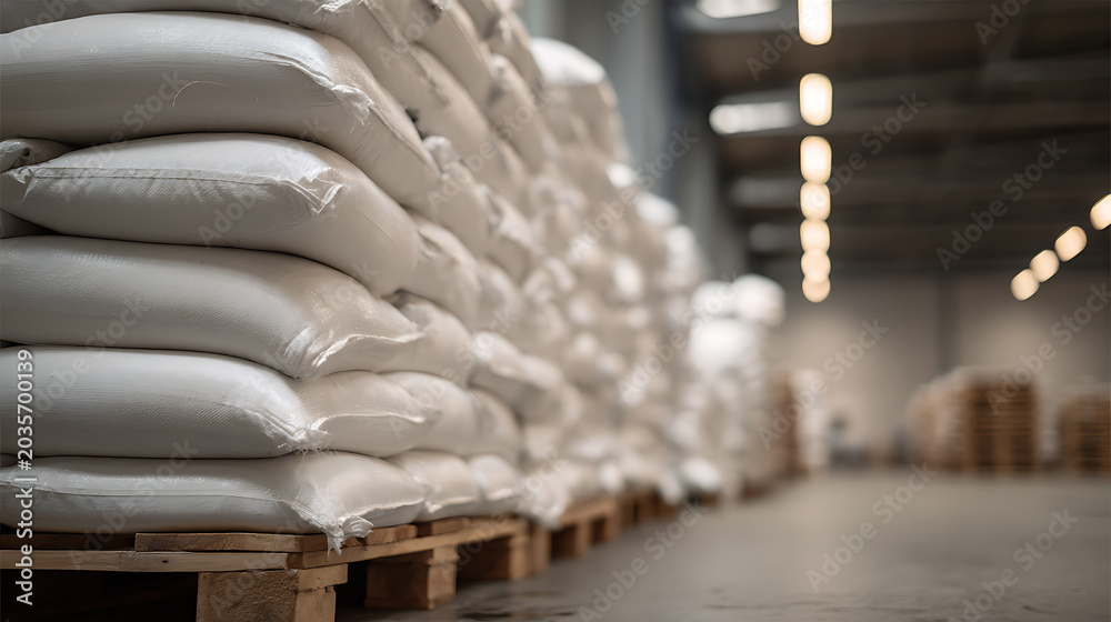 Obraz premium Large stacks of white sacks filled with goods on wooden pallets in a spacious, dimly lit warehouse, ready for distribution or storage