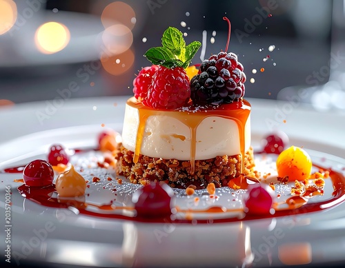 Gourmet Cheesecake Dessert with Berries and Caramel Sauce.