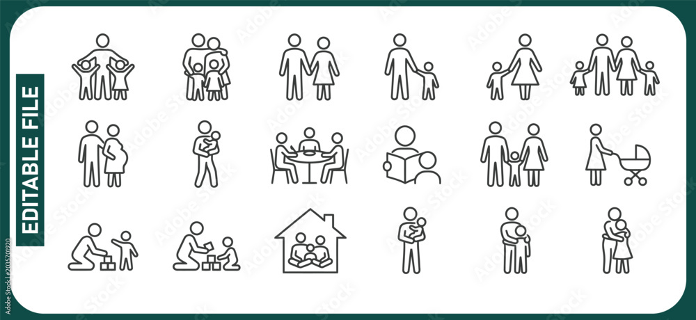 Fototapeta premium Family and Parenting, Icon Set. Parents with children, family bonding, pregnant, playing with kids, reading together, spending time at home. Family life, childcare. Line with editable stroke