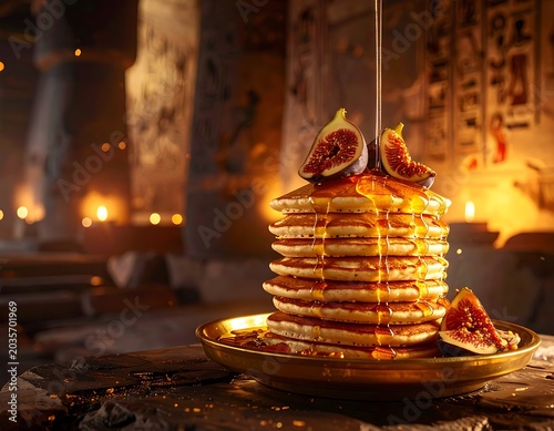 Stack of pancakes with figs and syrup.