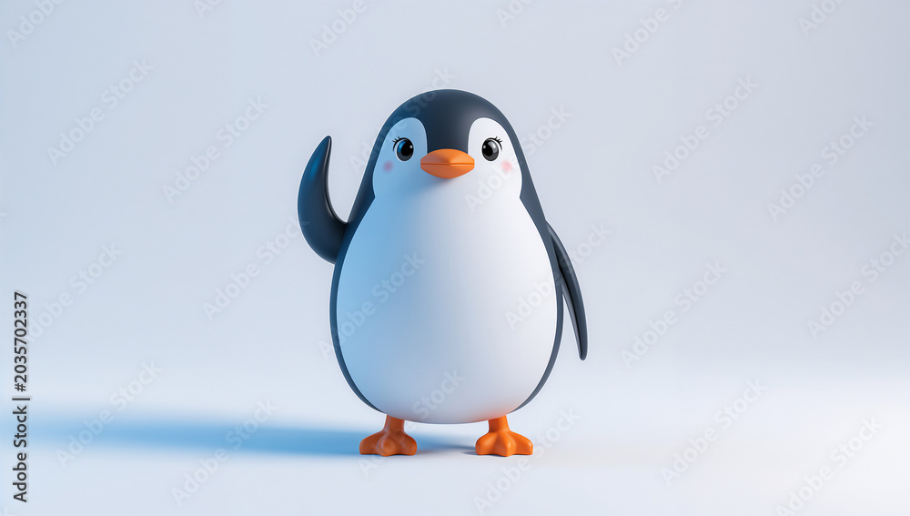 Obraz premium 白い背景でペンギンの案内キャラクターが手を振る素材