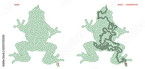 Schilderij op canvas Frog silhouette maze puzzle with solved path and answer key, amphibian animal la