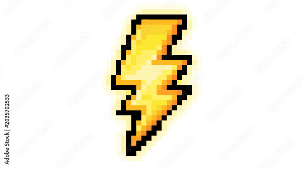 Fototapeta premium Pixel art lightning bolt icon yellow and orange on white background
