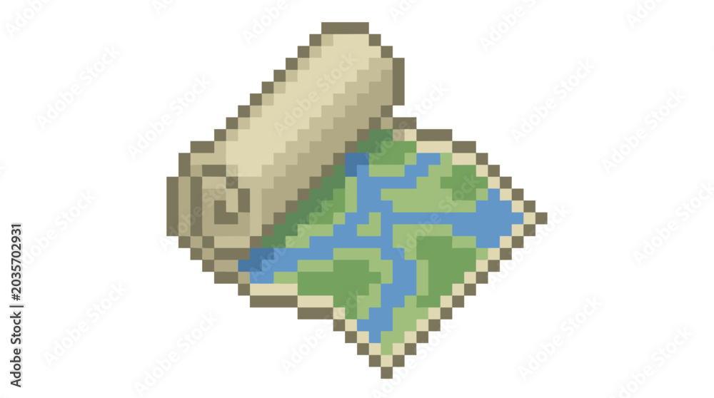 Fototapeta premium Pixel art scroll map icon with blue rivers and green land