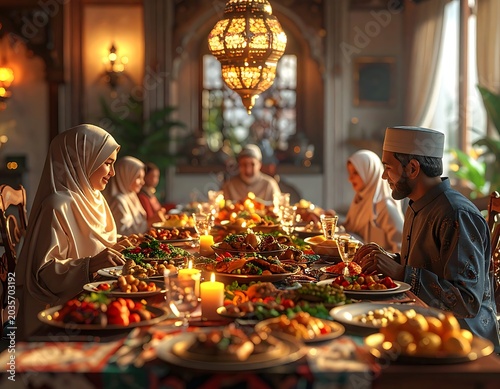 Muslim family gathering for iftar dinner.