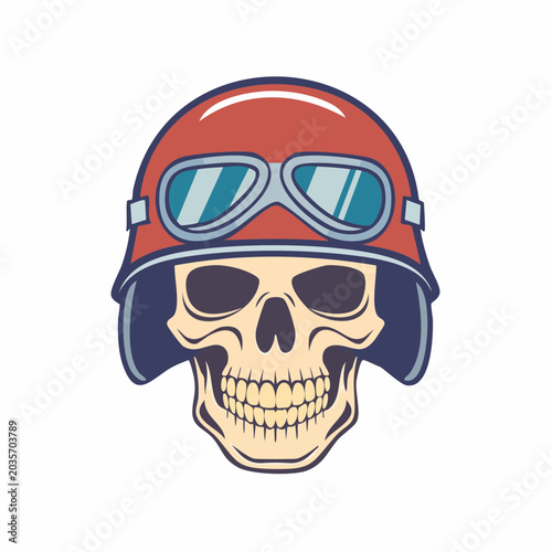 Skull wearing a retro motorcycle helmet and goggles