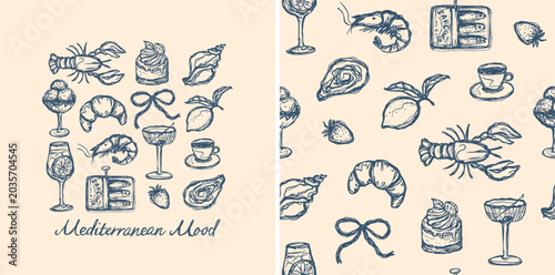 Foto Vector set and seamless pattern, mediterranean food doodle collection