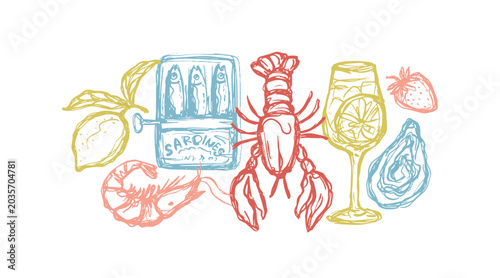 Mediterranean food border vector illustration on isolate white background. Hand-drawn colorful seafood, lobster and drinks horizontal element for stylish modern restaurant menu design.