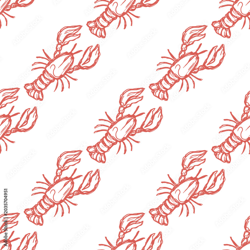 Fototapeta premium Lobster seamless pattern vector mediterranean food background. Hand-drawn red crustacean outline for stylish textile design. Modern minimal italian print on isolate white surface.