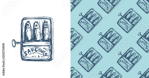 Sardines seamless pattern and isolated vector tin can combo set. Mediterranean seafood hand-drawn ink sketch surface design. Modern trendy line art doodle texture for restaurant.