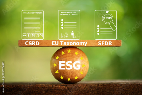 ESG ,CSRD,EU Taxonomy and SFDR text on woods and icons on natural background.The main mechanisms of ESG in the EU concept.