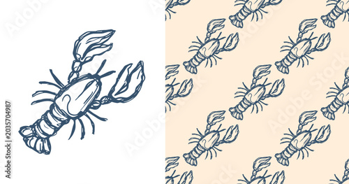 Photos Lobster seamless pattern and isolated vector element combo set