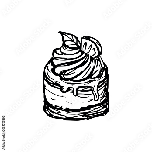Panna cotta vector isolated hand-drawn ink sketch. Italian dessert line art illustration with cream and lemon. Stylish modern doodle engraving graphic for trendy restaurant menu.