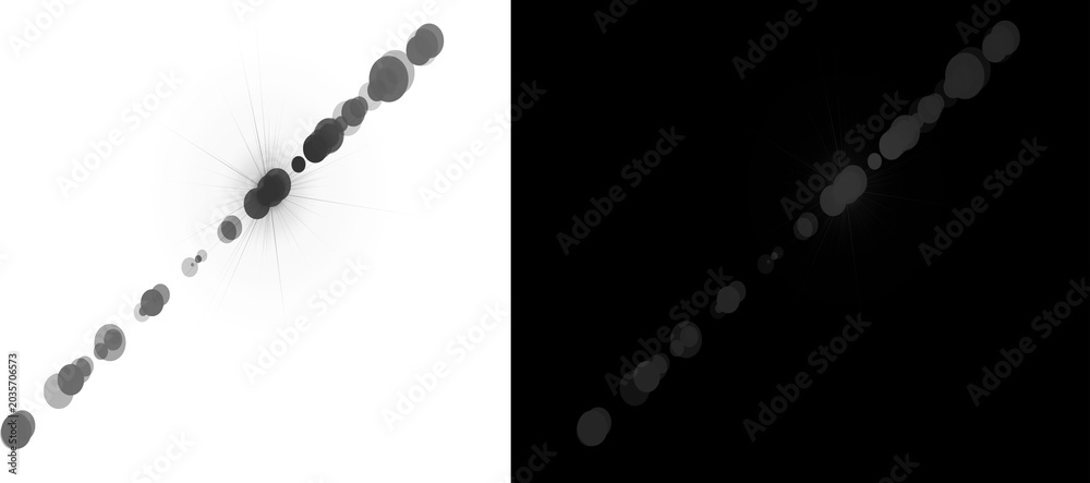 Fototapeta premium Abstract optical lens flare bokeh, anamorphic light leak texture on black and white backgrounds, cinematic glowing streak effect for overlays