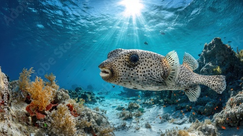 Silent reef life: puffed blowfish drifting through a colorful underwater garden