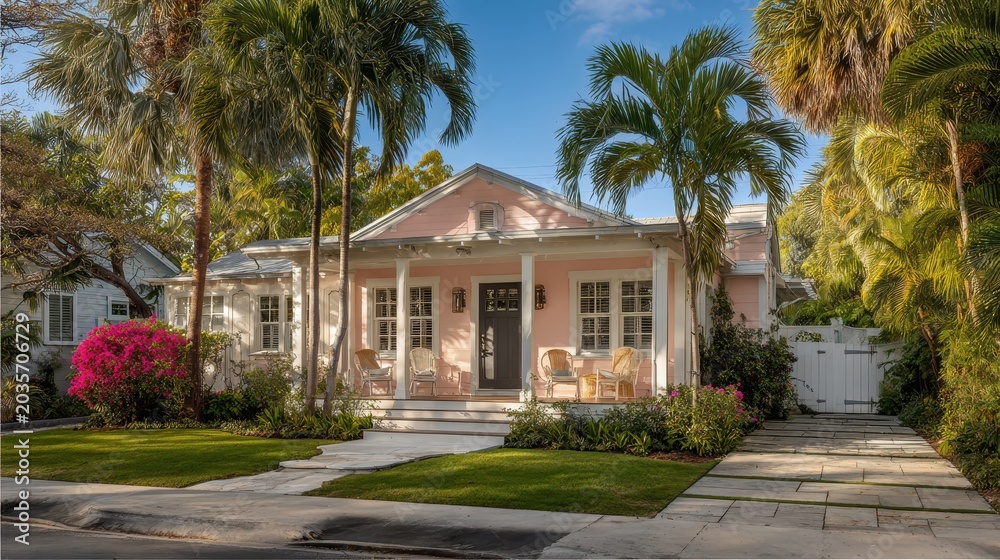 Fototapeta premium Palm-lined Florida residence on a bright suburban street at golden hour