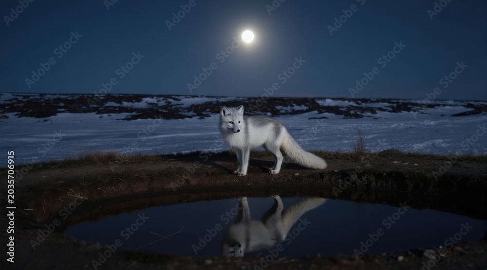 Naklejka premium White arctic fox stands by dark water hole with moon overhead. Fox reflection in pool of water. Snowy barren landscape at night. Arctic animal looking around.