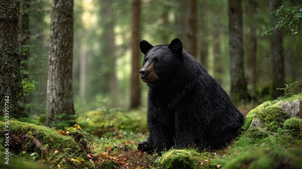 Naklejka premium Wildlife portrait: bear seated on forest floor among ferns and moss
