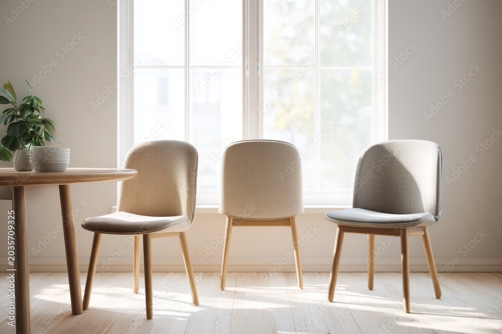 Obraz premium Warm, modern interior featuring a trio of simple chairs