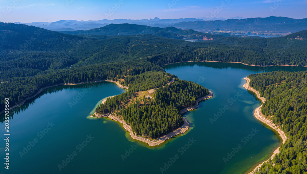 Fototapeta premium 深い森に囲まれた山岳湖を上空から望む壮大な自然風景写真