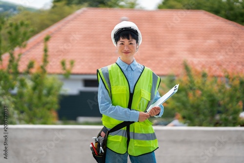 Φωτογραφία A construction worker stands on a job site wearing a bright vest and hard hat