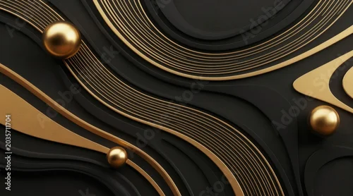 Panel kuchenny z motywem Elegant black and gold abstract background. Wavy lines and spheres create a luxurious, modern texture. Perfect for luxury branding, tech interfaces, or sophisticated web design.
