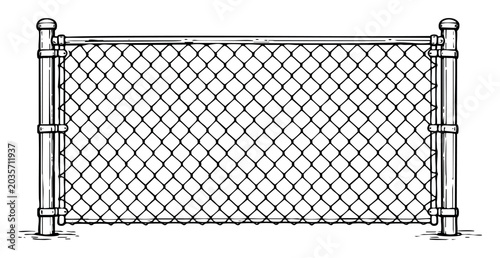 Chain link fence panel with posts providing security, privacy, and defining boundaries in a simple black and white drawing style