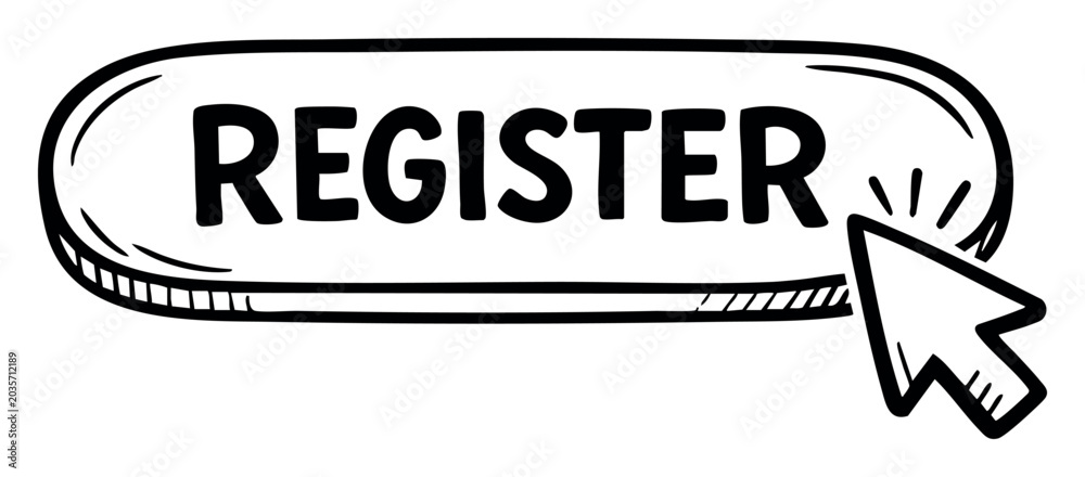 Obraz premium Register button in a hand drawn doodle style with a cursor clicking. Representing online sign up, registration, account creation, and user actions on websites