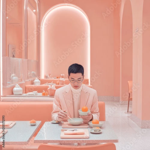 Ultra modern Chinese gay eating tangerine with chopstick in pastel pink restaurant