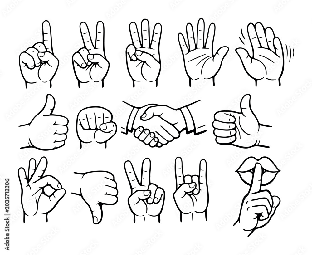 Fototapeta premium Hand gestures featuring different communication signs, approval, counting, peace, and speech silence in a set of line art icons