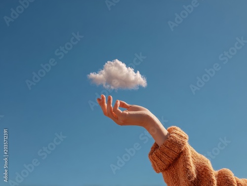 Hand reaching up toward the sky, playfully pinching a small, fluffy cloud between the fingers 